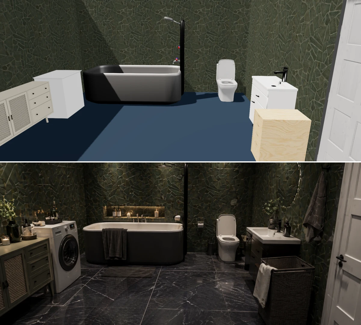 AI bathroom design, photorealistic interior visualization