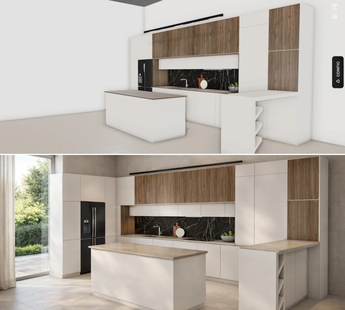 Photorealistic kitchen render from an online configurator