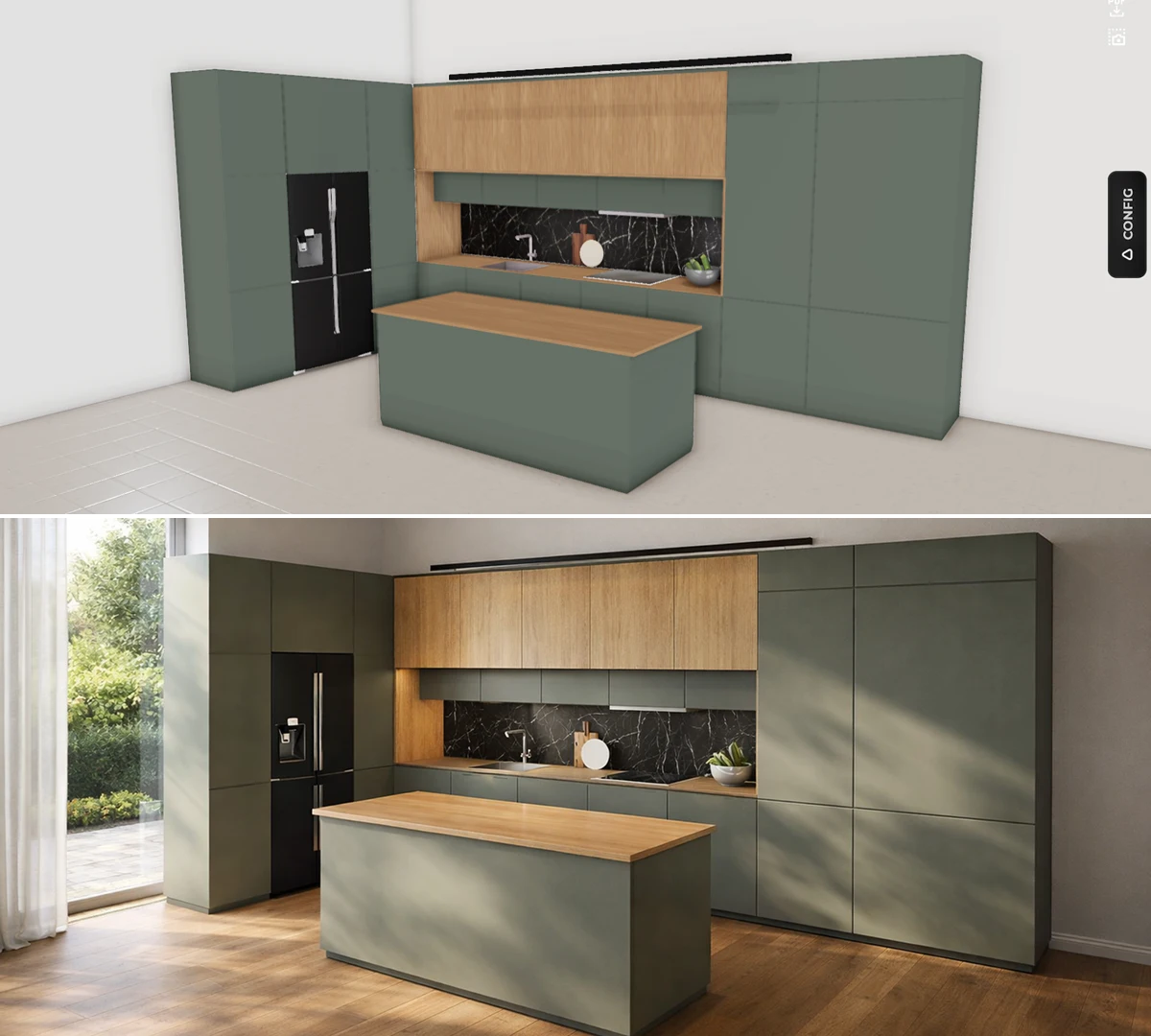 Kitchen from a 3D configurator in a realistic modern interior