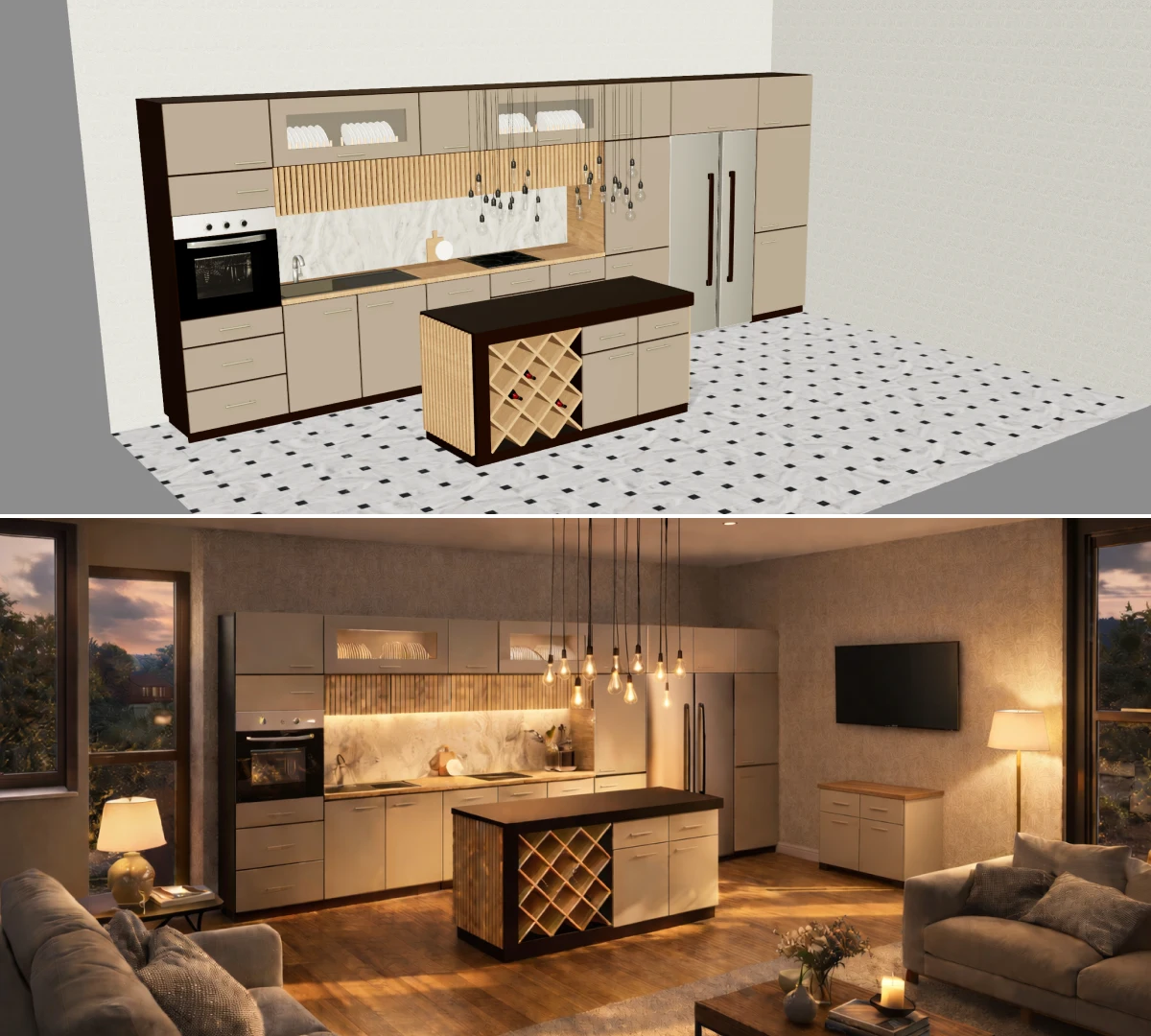 Visualize a kitchen from a 3D demo configurator in a realistic interior