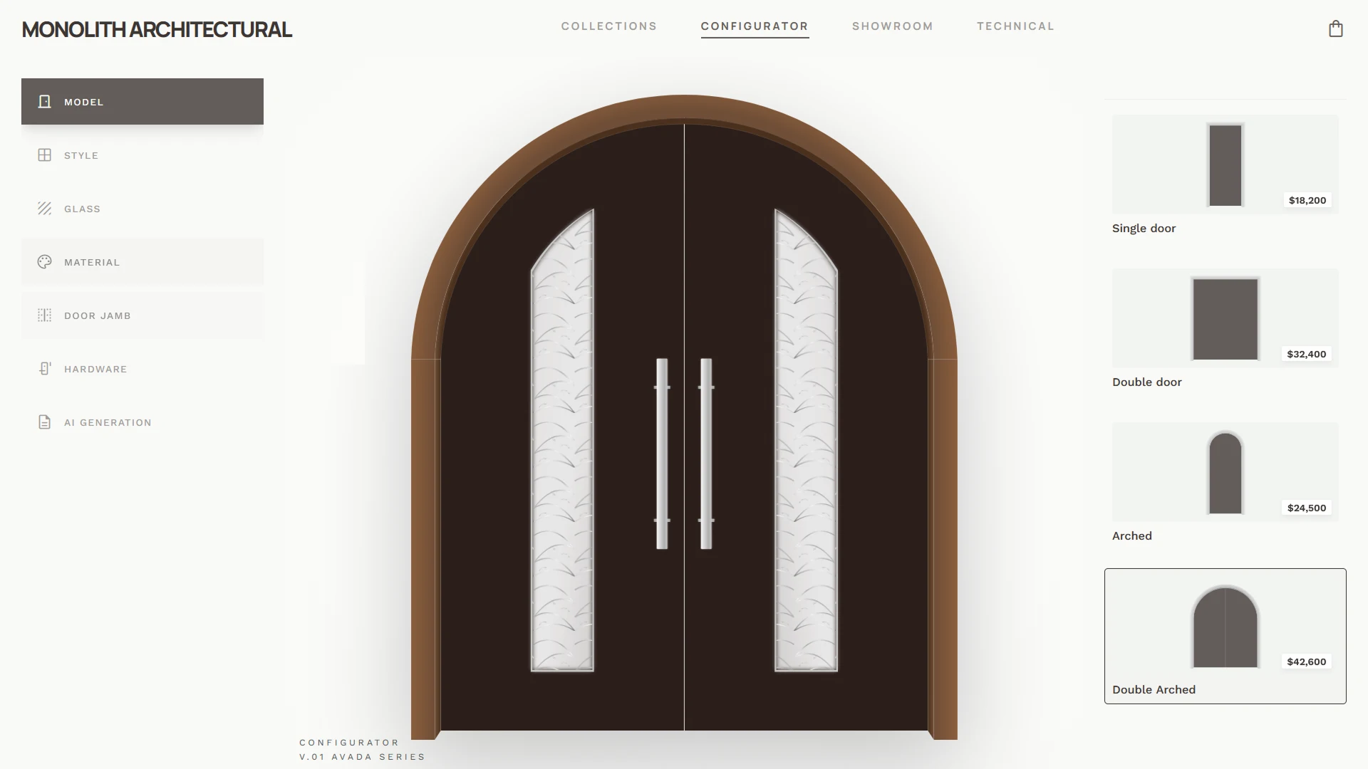 Monolith Architectural door configurator demo interface with double arched model selection in a premium custom door catalog