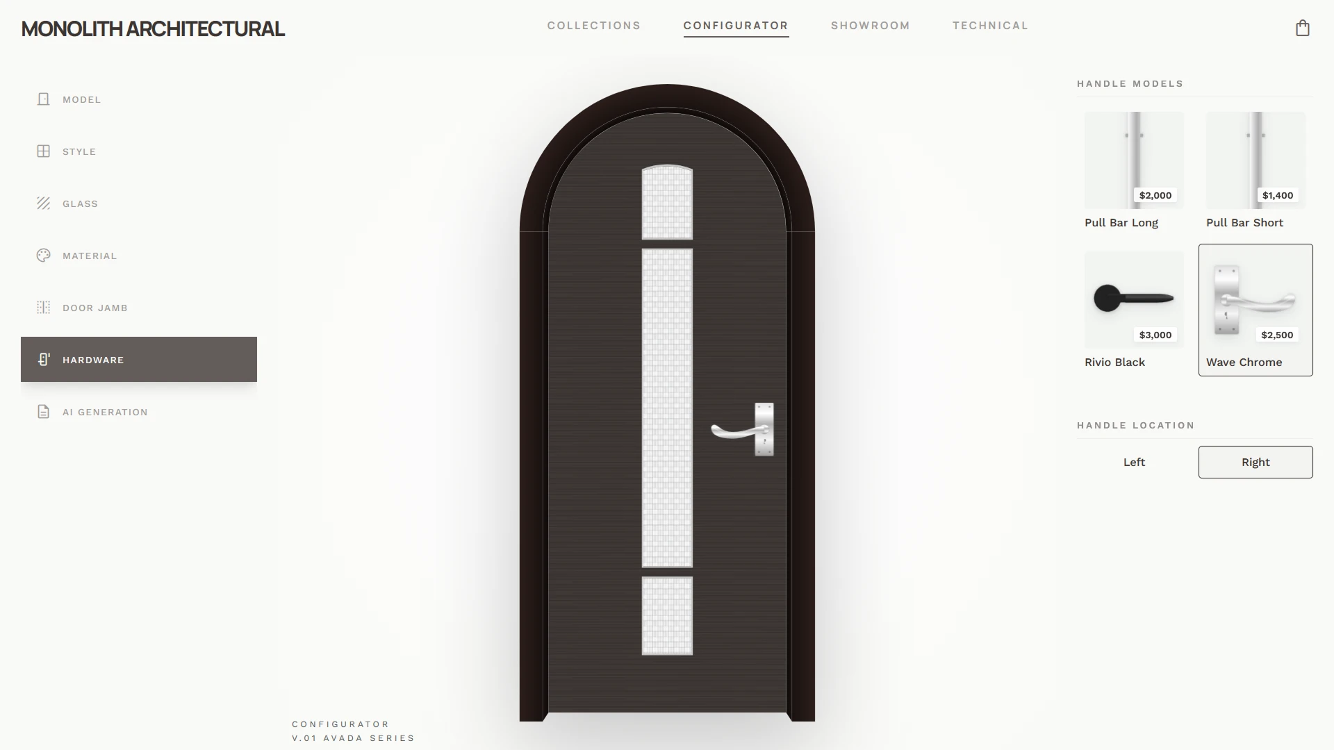Hardware customization screen in the Monolith Architectural door configurator with handle selection and placement options