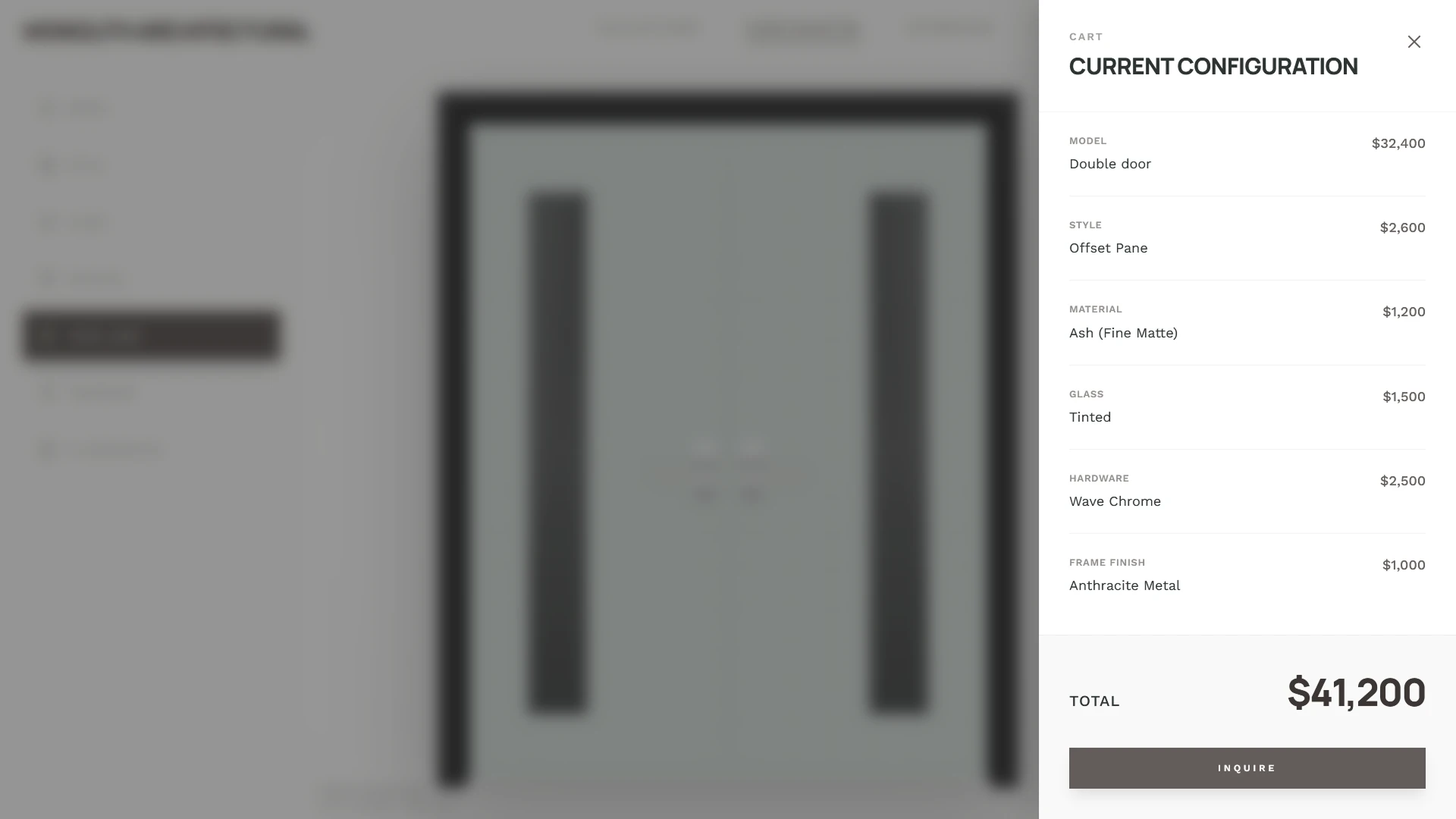 Current configuration panel in Monolith Architectural showing price, materials, glass, hardware, and final door estimate
