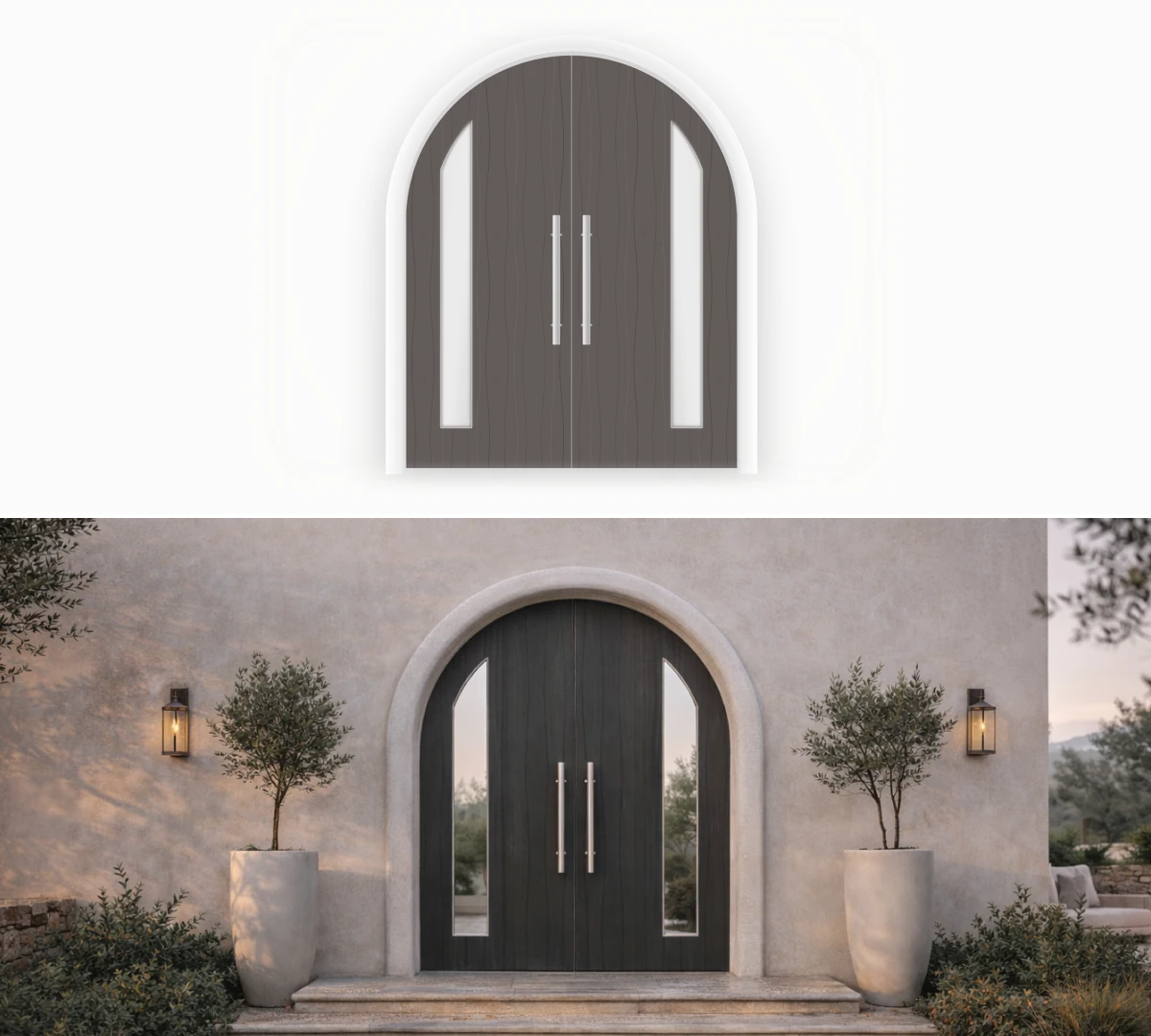 Comparison of 3D model and photorealistic visualization of Monolith Architectural double arched entrance doors for a modern villa