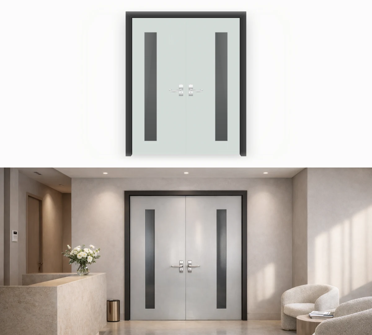 Comparison of the configured model and realistic interior with Monolith Architectural double doors for a clinic or wellness space