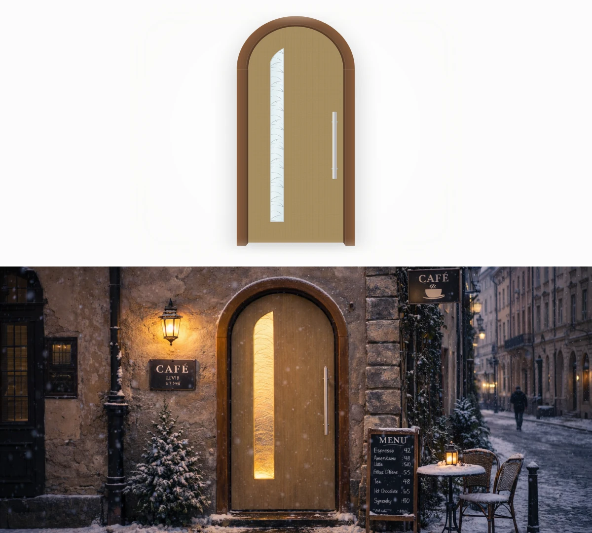 Comparison of model and AI visualization of Monolith Architectural arched doors for an authentic café facade in winter