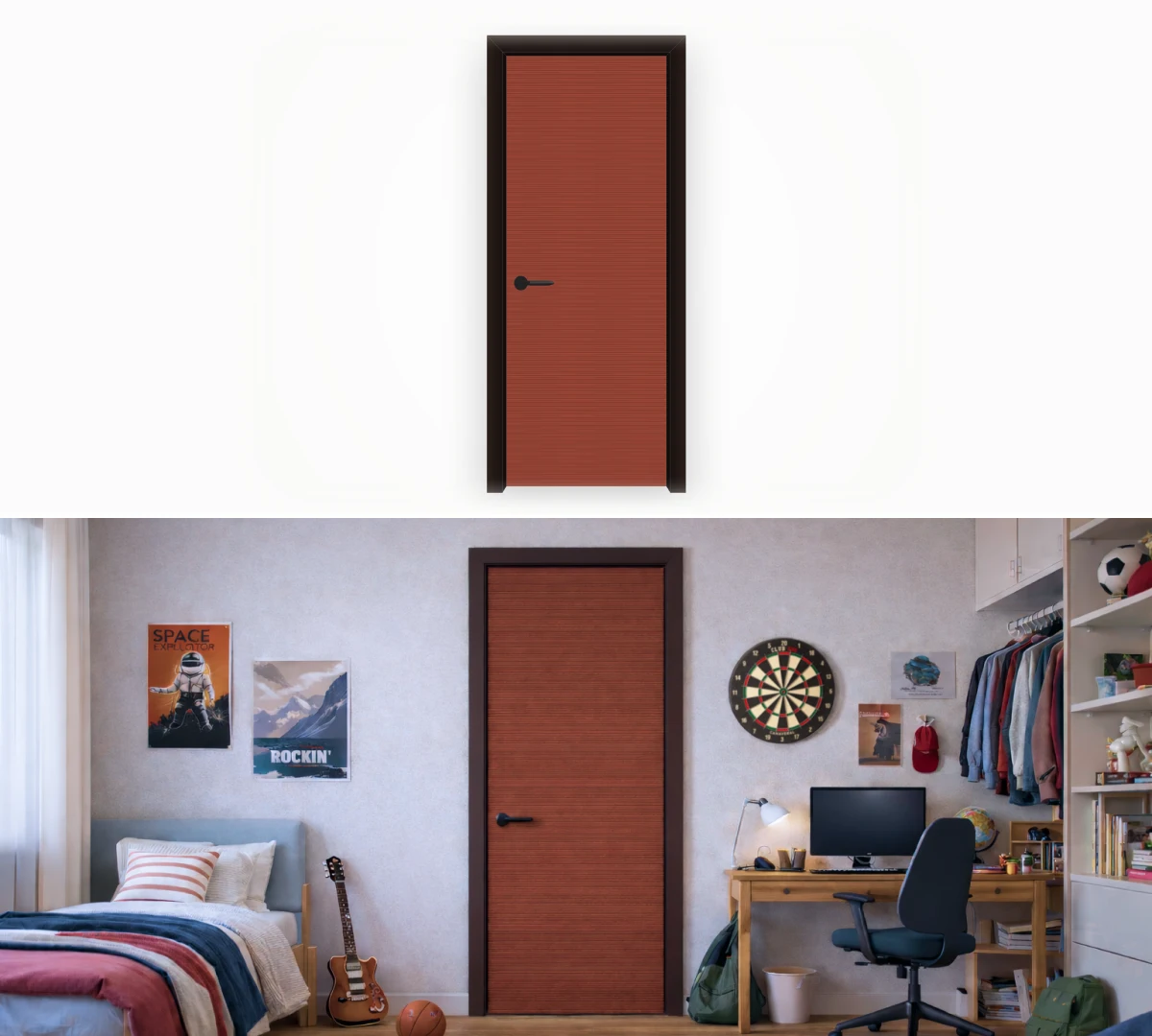 Comparison of model and interior AI visualization of Monolith Architectural interior doors in a modern teen bedroom