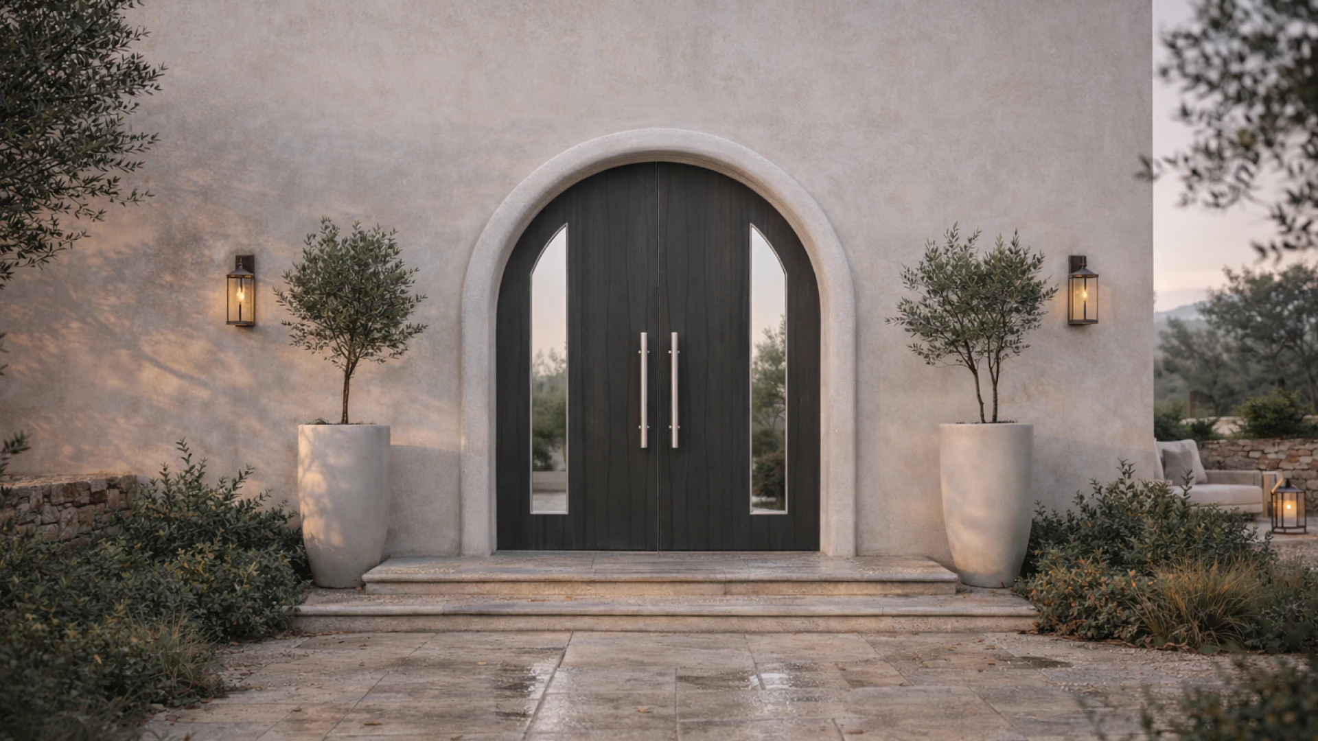 Photorealistic visualization of Monolith Architectural double arched entrance doors in a Mediterranean villa facade