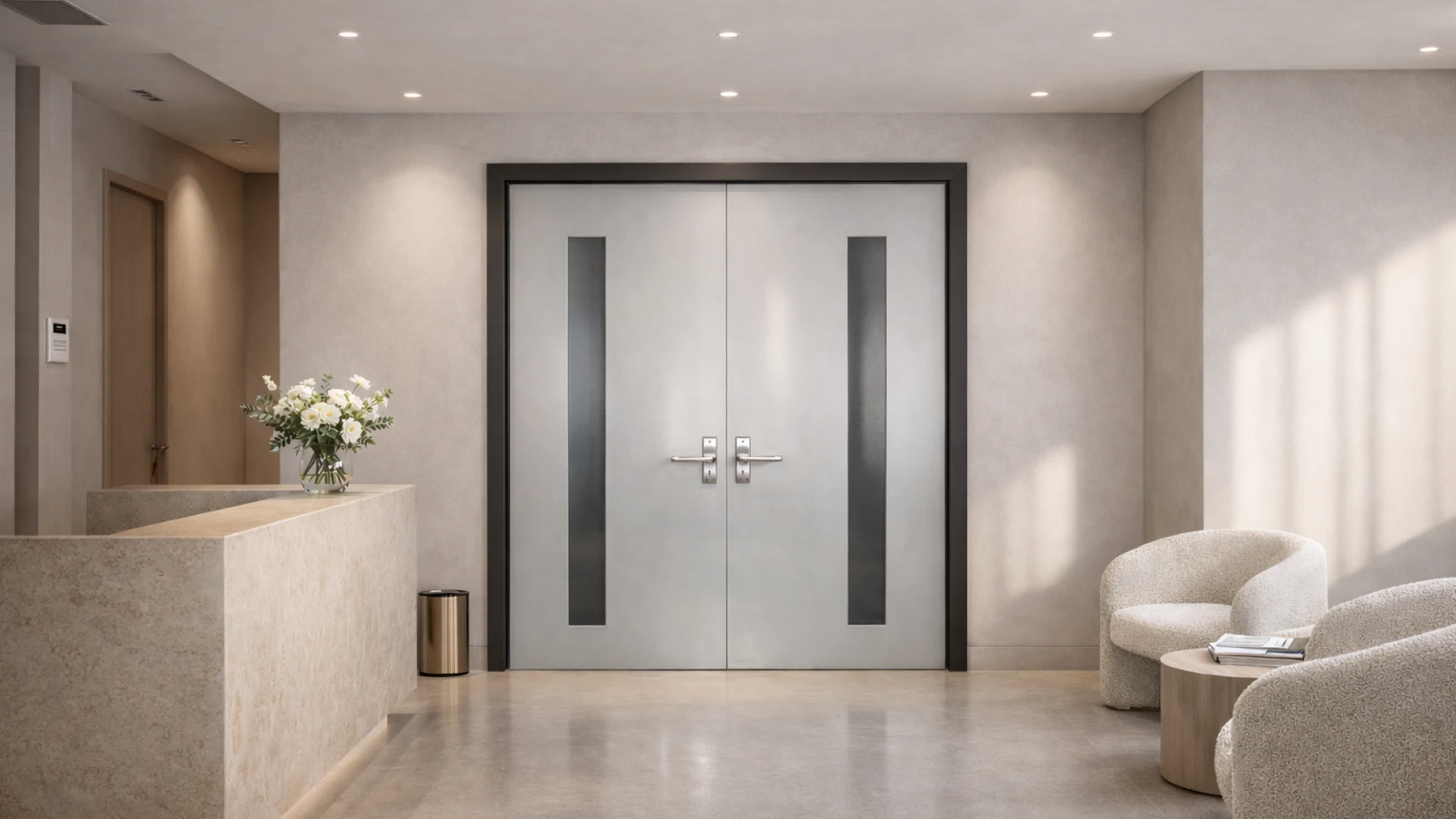 Photorealistic interior with Monolith Architectural double doors for a private clinic, wellness, or medical space