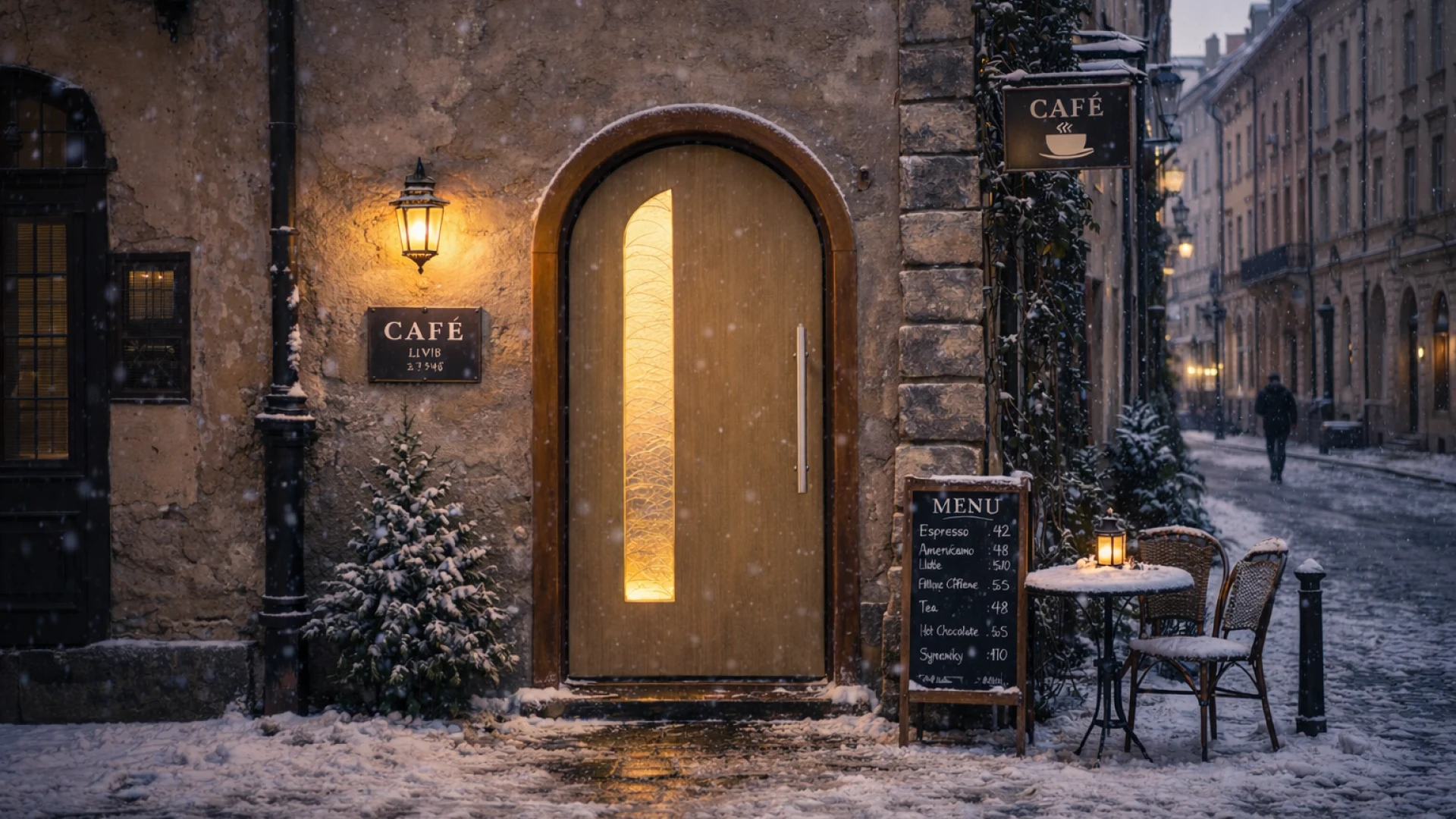Photorealistic visualization of Monolith Architectural arched doors for a cozy café facade in Lviv during winter