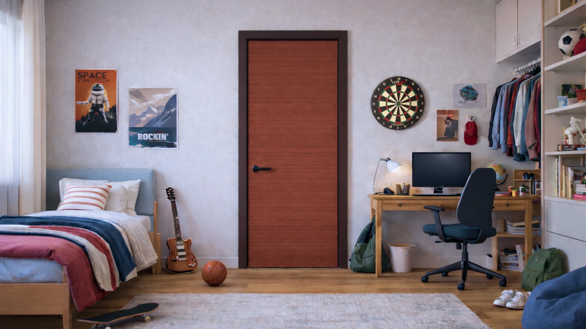Photorealistic visualization of Monolith Architectural interior doors in a modern kids’ or teen bedroom