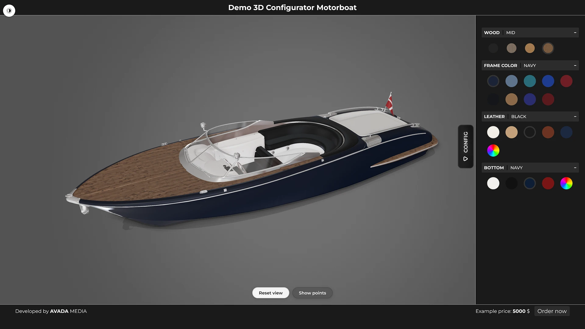 Online demo boat configurator with settings panel and live preview