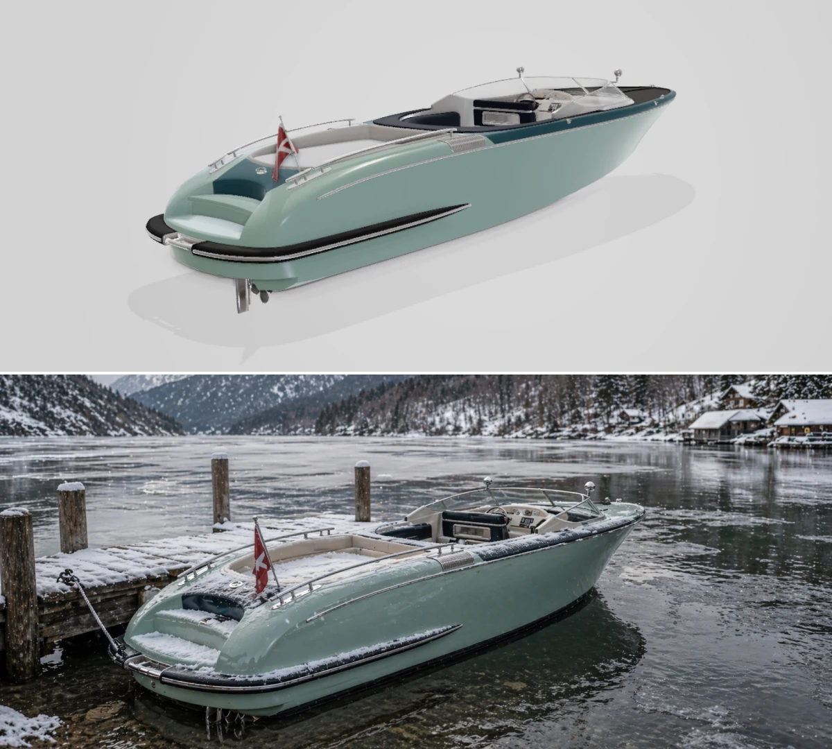 AI рендер лодки в реальной среде после конфигурации