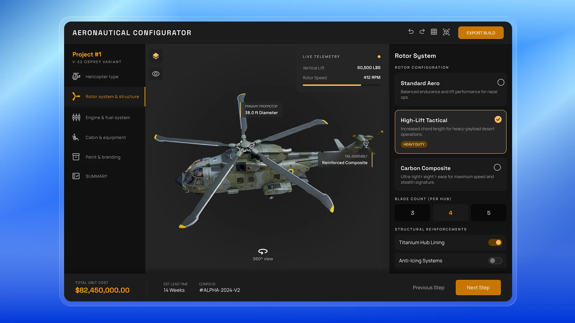 Helicopter configurator – changing the configuration and equipment