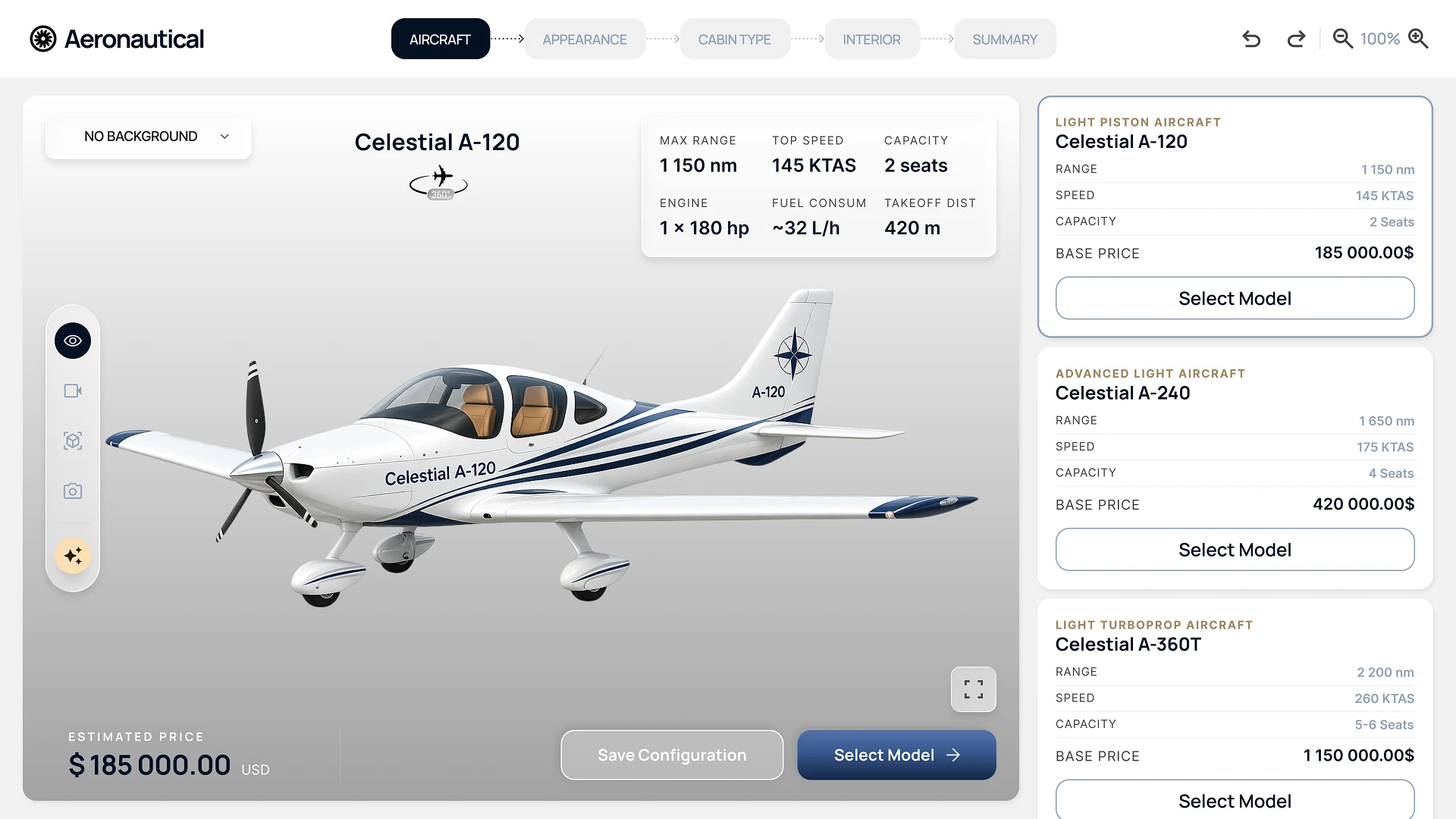 Онлайн конфигуратор самолета – выбор модели и базовых параметров