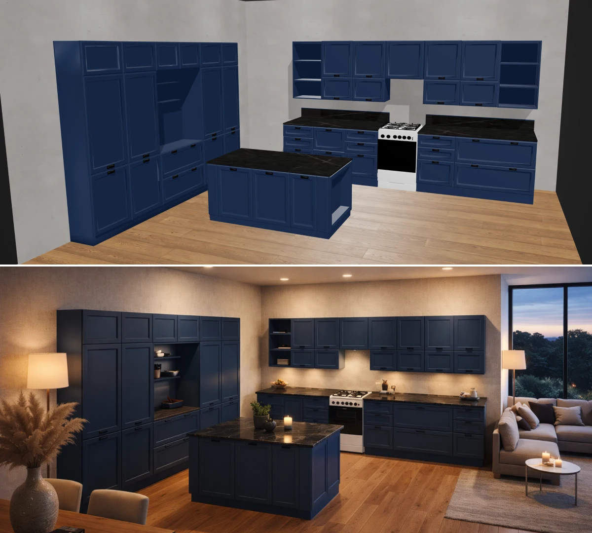Modern kitchen with island in a 3D visualization