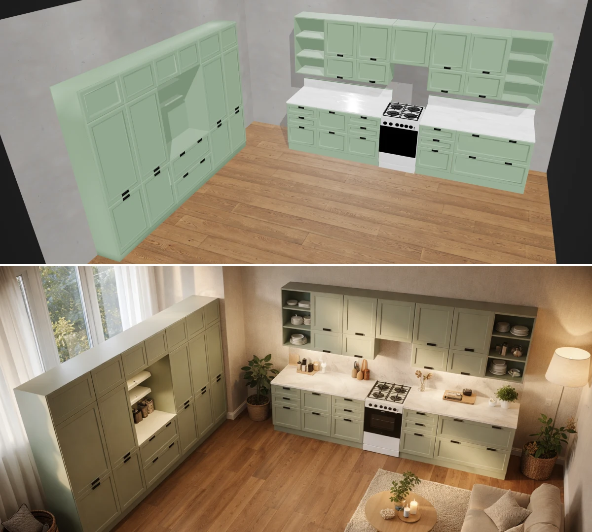 Minimalist kitchen from a 3D configurator in an apartment