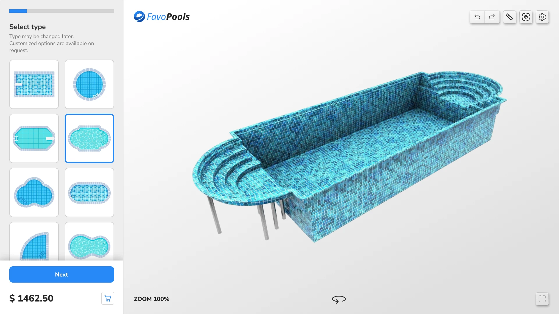 Modern minimalist pool configurator for online sales