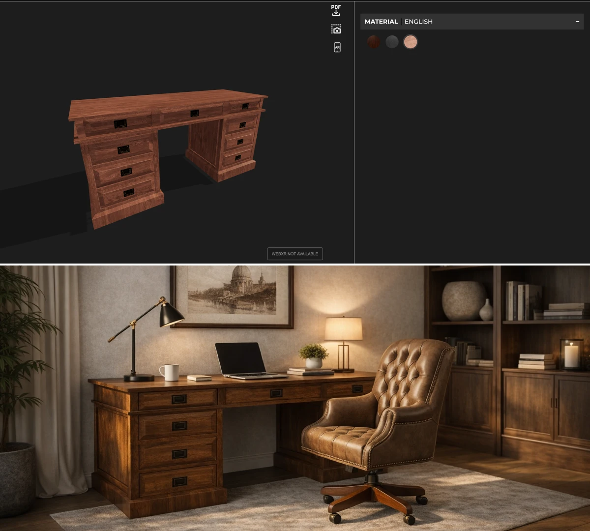 Demonstration of the appearance of a configured office desk in a photorealistic 3D interior rendering