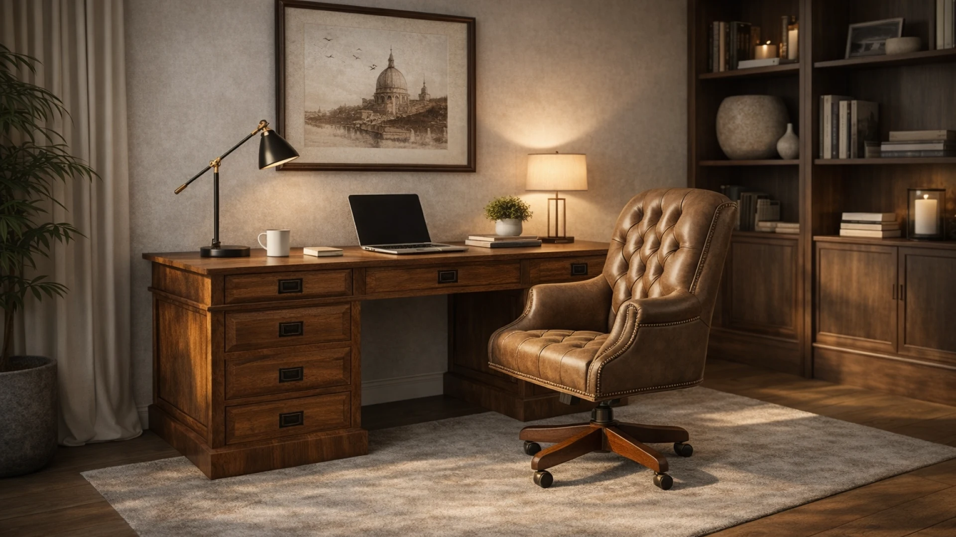 Demonstration of the appearance of a configured office desk in a photorealistic 3D interior rendering