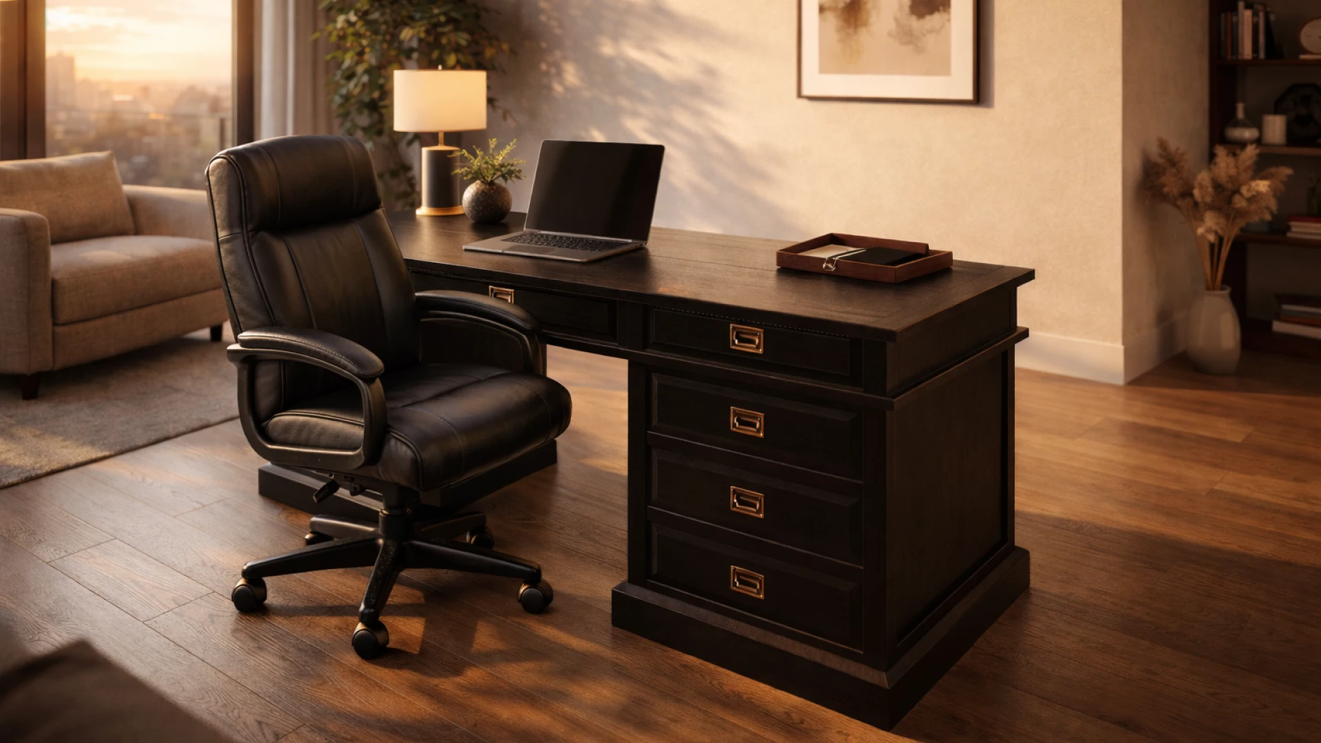 3D visualization of an office desk in a minimalist workspace