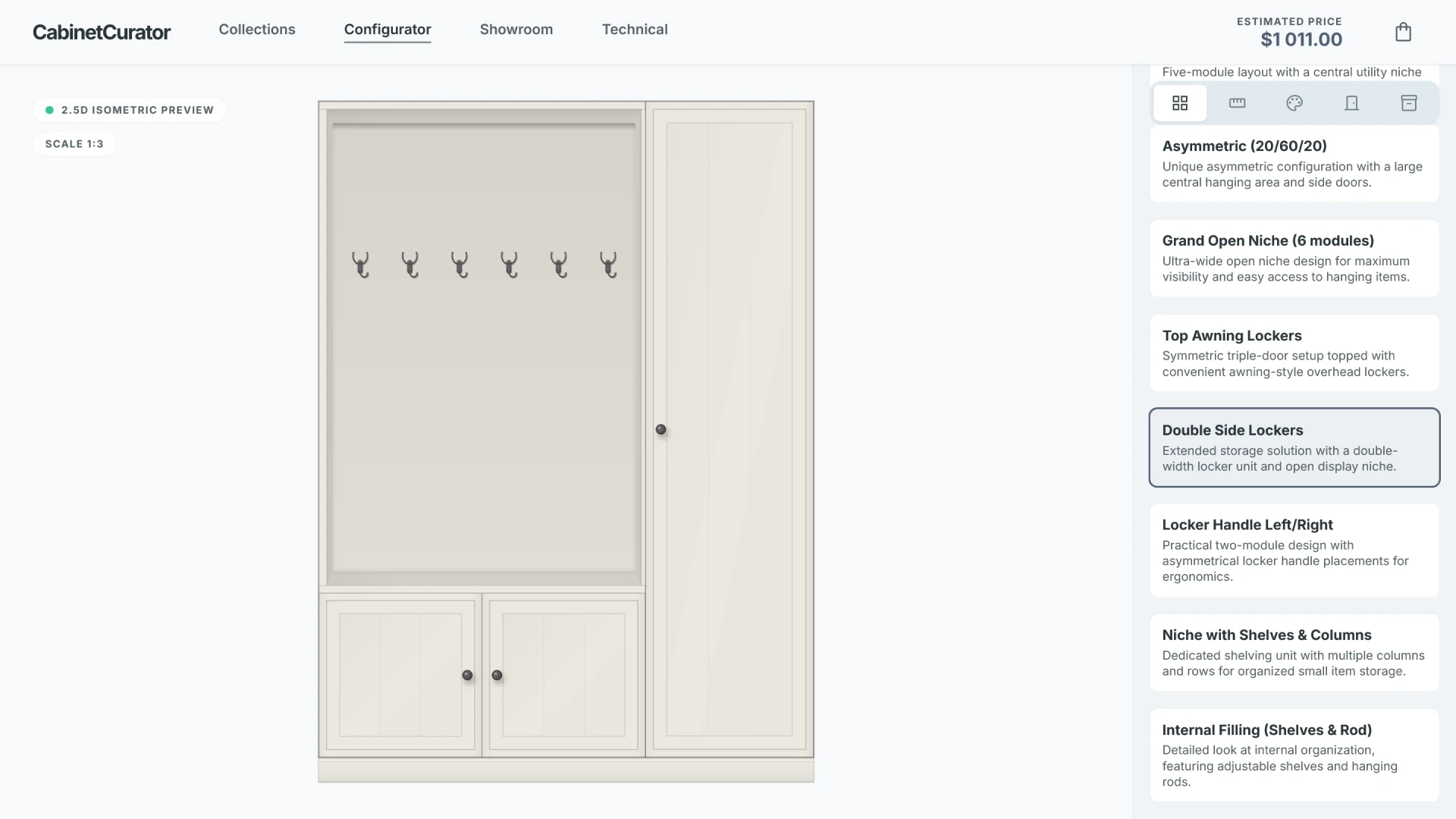 2D wardrobe configurator with a choice of modules and an open niche for clothes