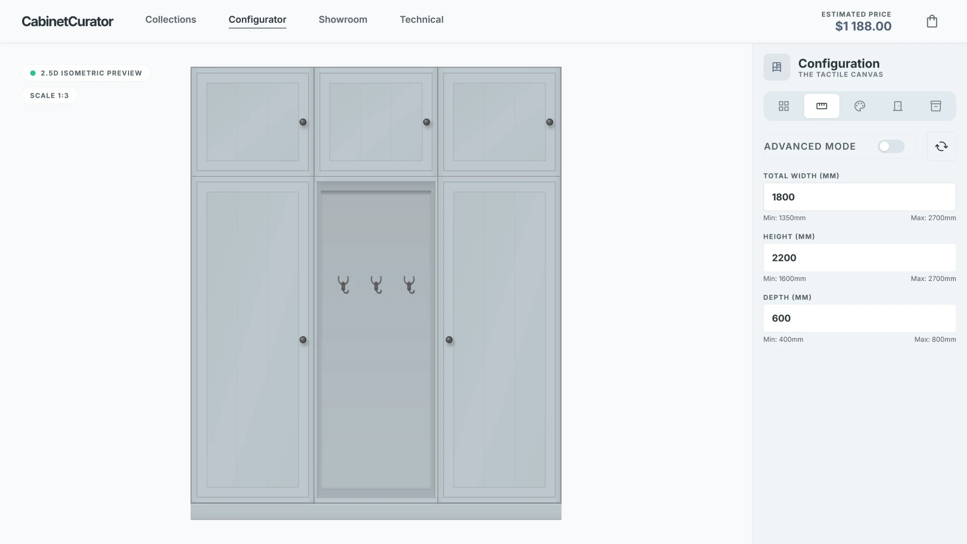 Customizing wardrobe dimensions in the 2D configurator (width, height, depth)