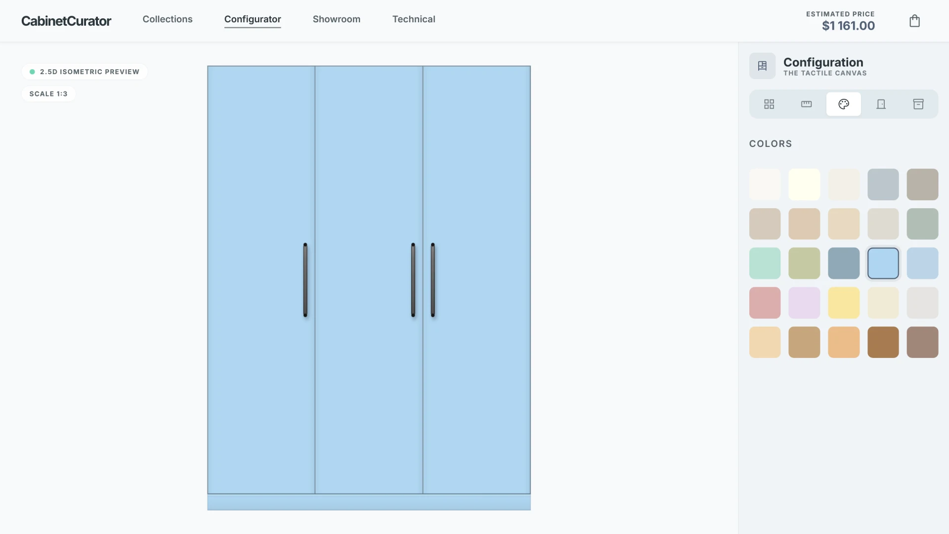 Choosing the color of the wardrobe front in the online 2D configurator