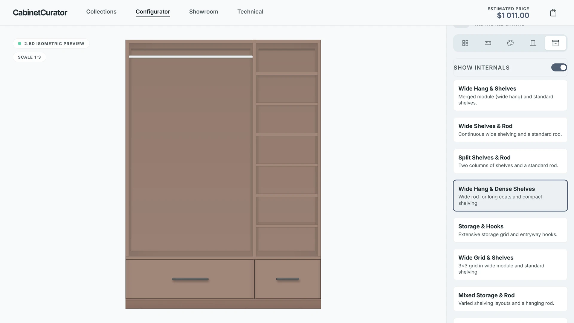 Viewing and selecting the interior of the wardrobe – shelves and a hanging rod