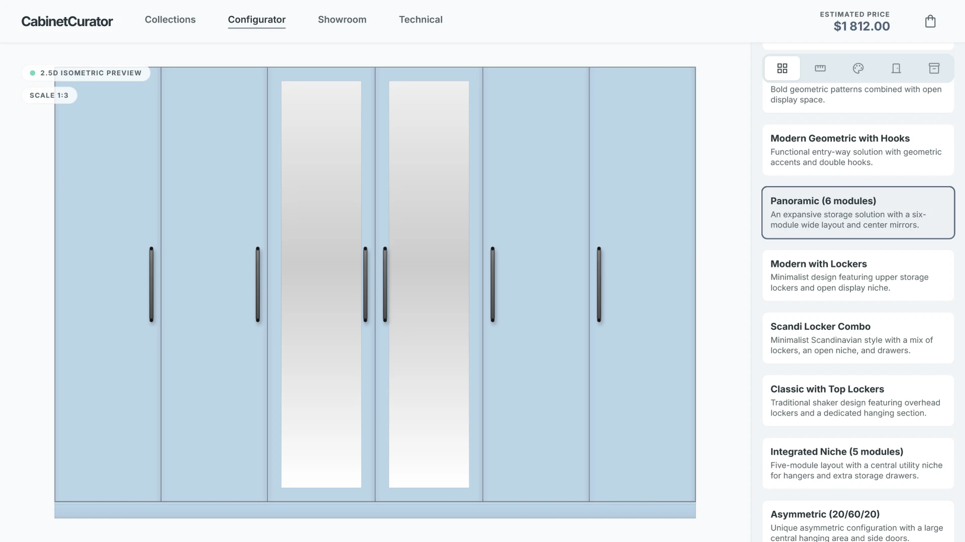 Wide wardrobe with mirrors in the 2D furniture configurator