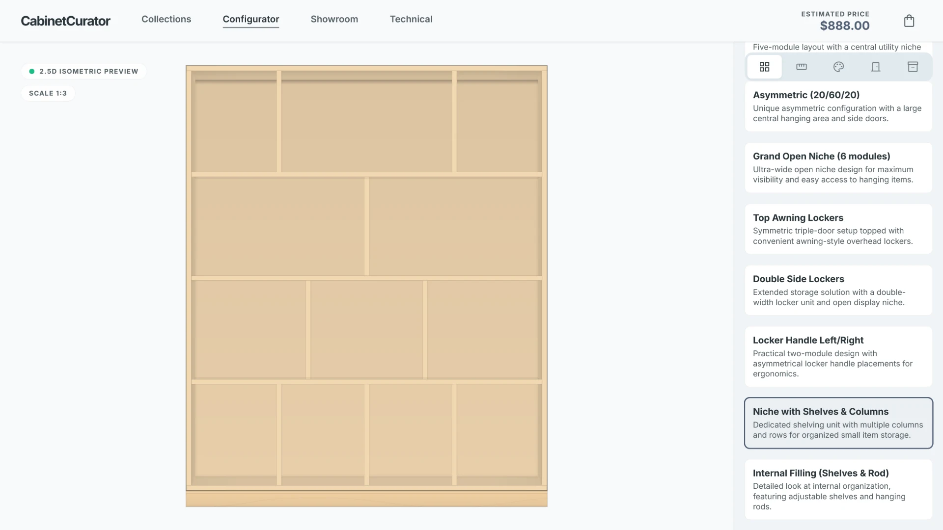 Storage system with open shelves in the 2D wardrobe configurator