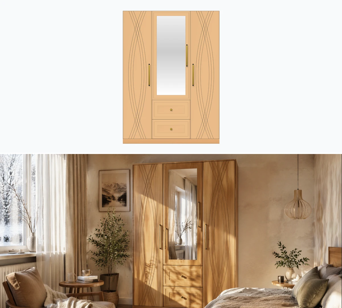 Wardrobe design with a mirror in the 2D configurator and photorealistic AI render