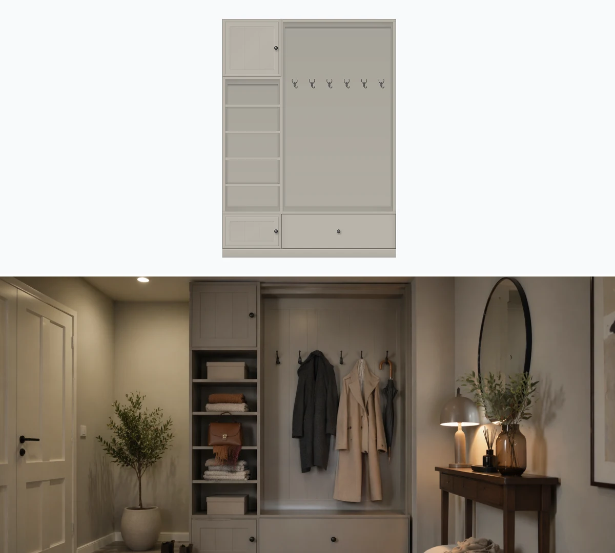 Entryway configuration with a wardrobe and clothes hooks (AI visualization)