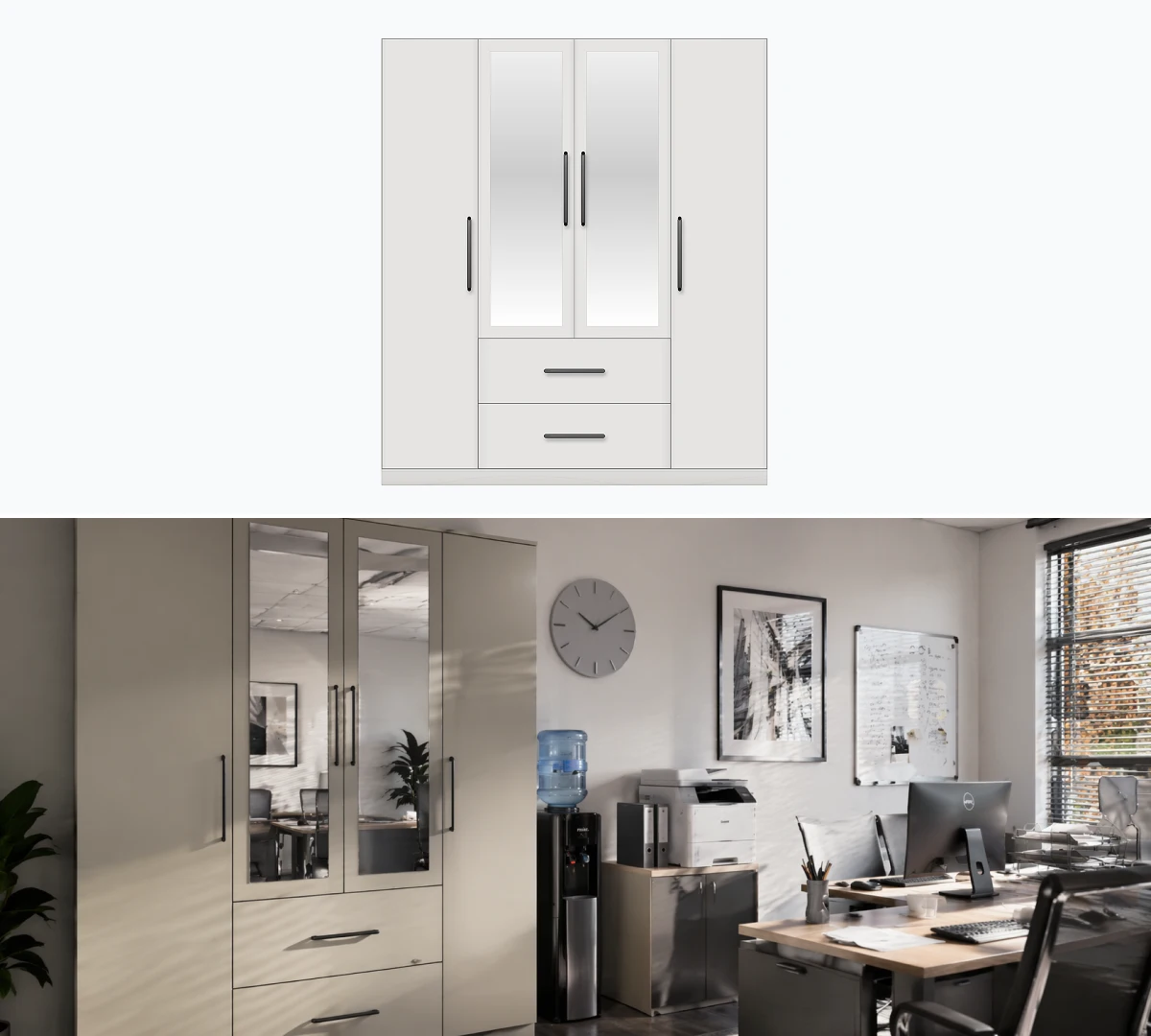 Wardrobe design with mirrored doors in the 2D configurator (AI visualization)