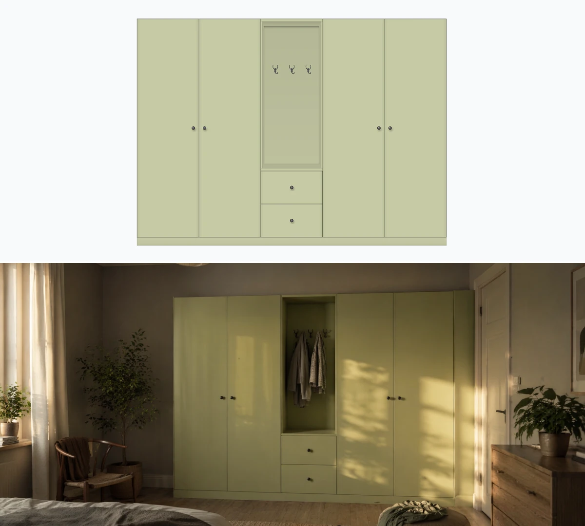 Modular wardrobe with a central niche in the 2D configurator (AI visualization)
