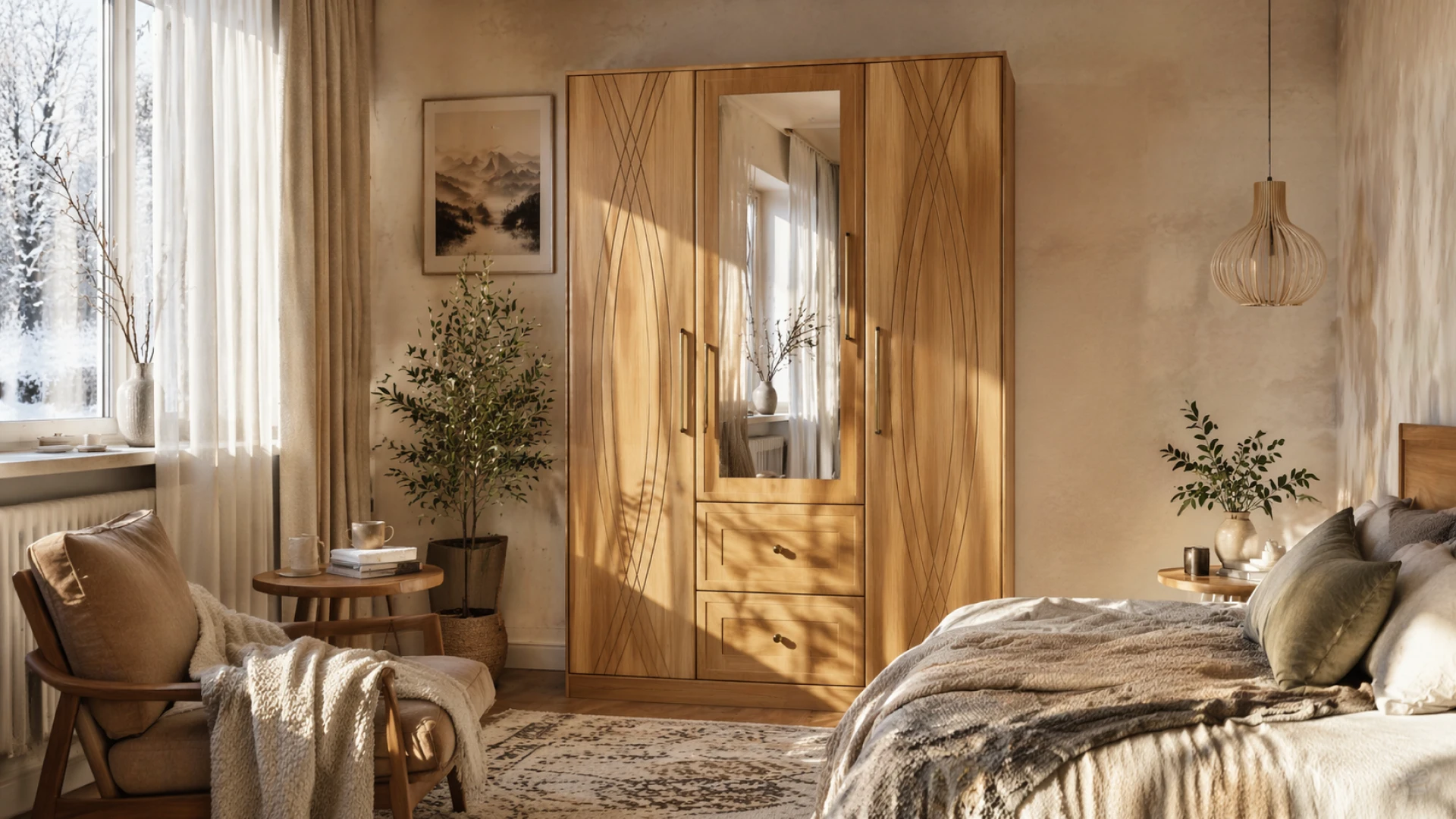 AI visualization of a wardrobe in a bedroom interior after configuration