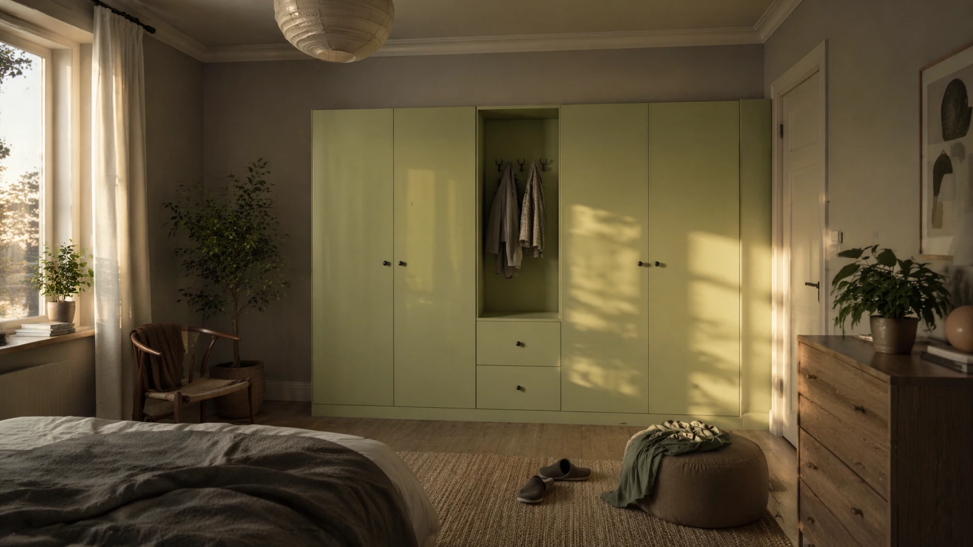 Modern bedroom with a large wardrobe created in the configurator (AI visualization)