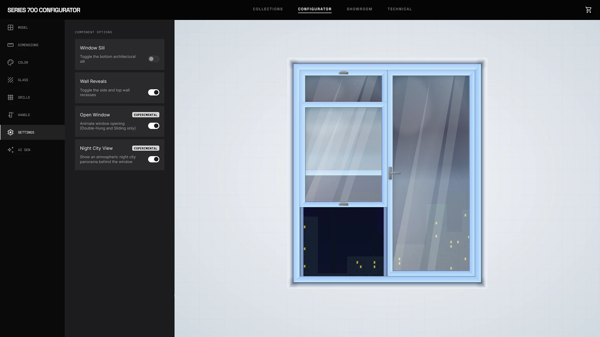 SERIES 700 2D window configurator settings with opening animation, wall reveals, sill options and night view mode
