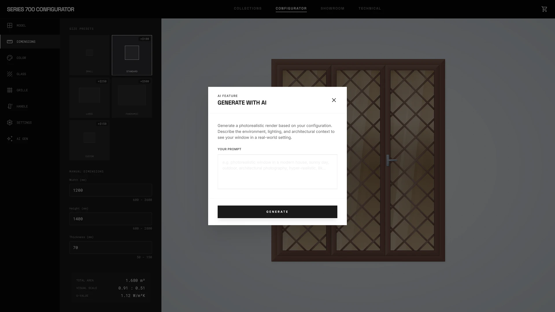 SERIES 700 2D window configurator with custom dimensions and AI-powered photorealistic window render generation