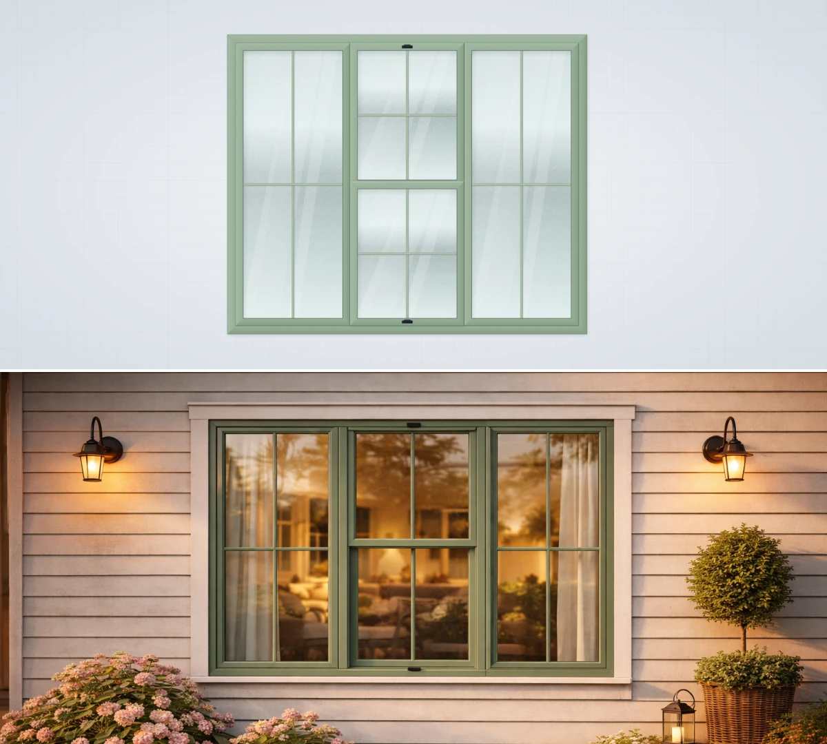 2D window model and photorealistic exterior render of a green house window in an online window configurator