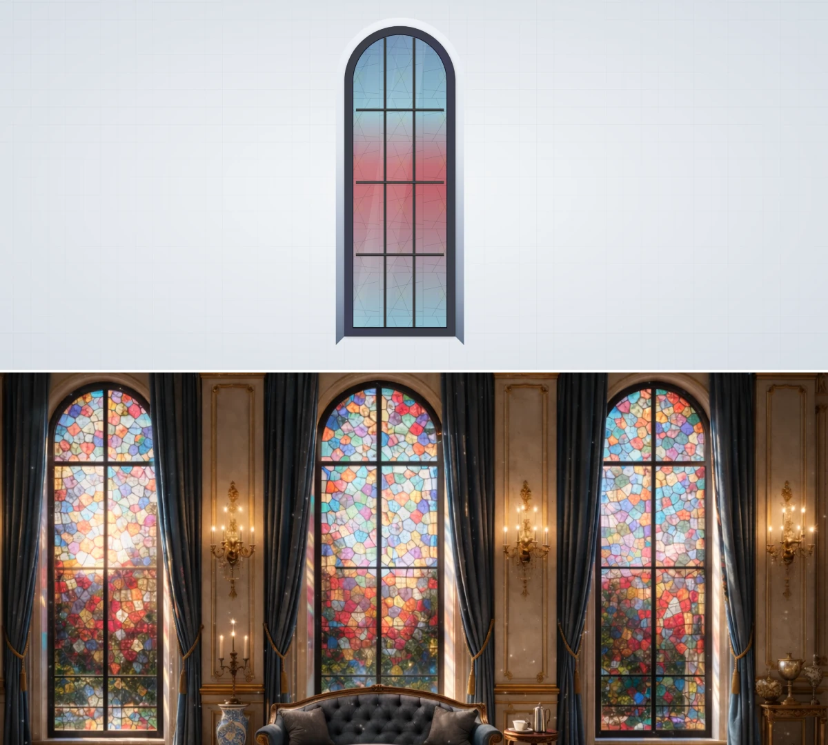 Arched stained glass window in a 2D window configurator with photorealistic luxury interior render