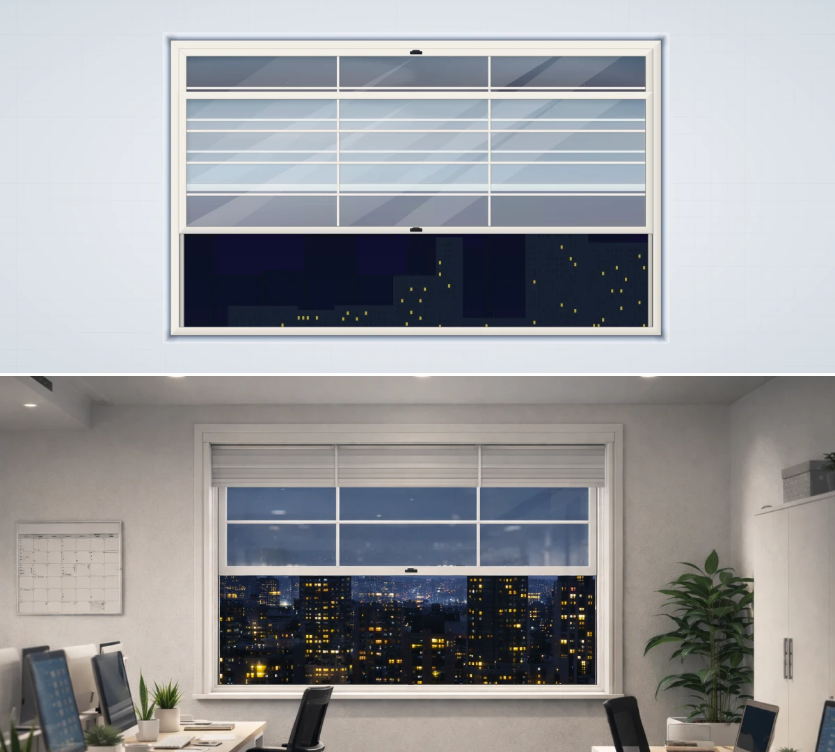 Panoramic office window in a 2D configurator with night city view and photorealistic interior visualization