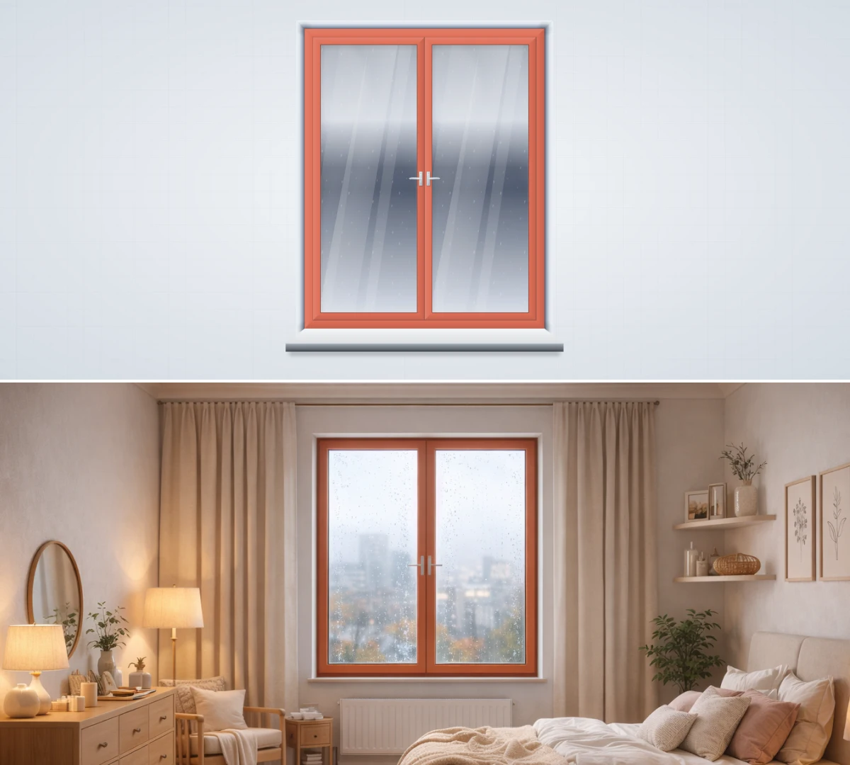 Colored bedroom window in a 2D window configurator with photorealistic render of a cozy modern interior