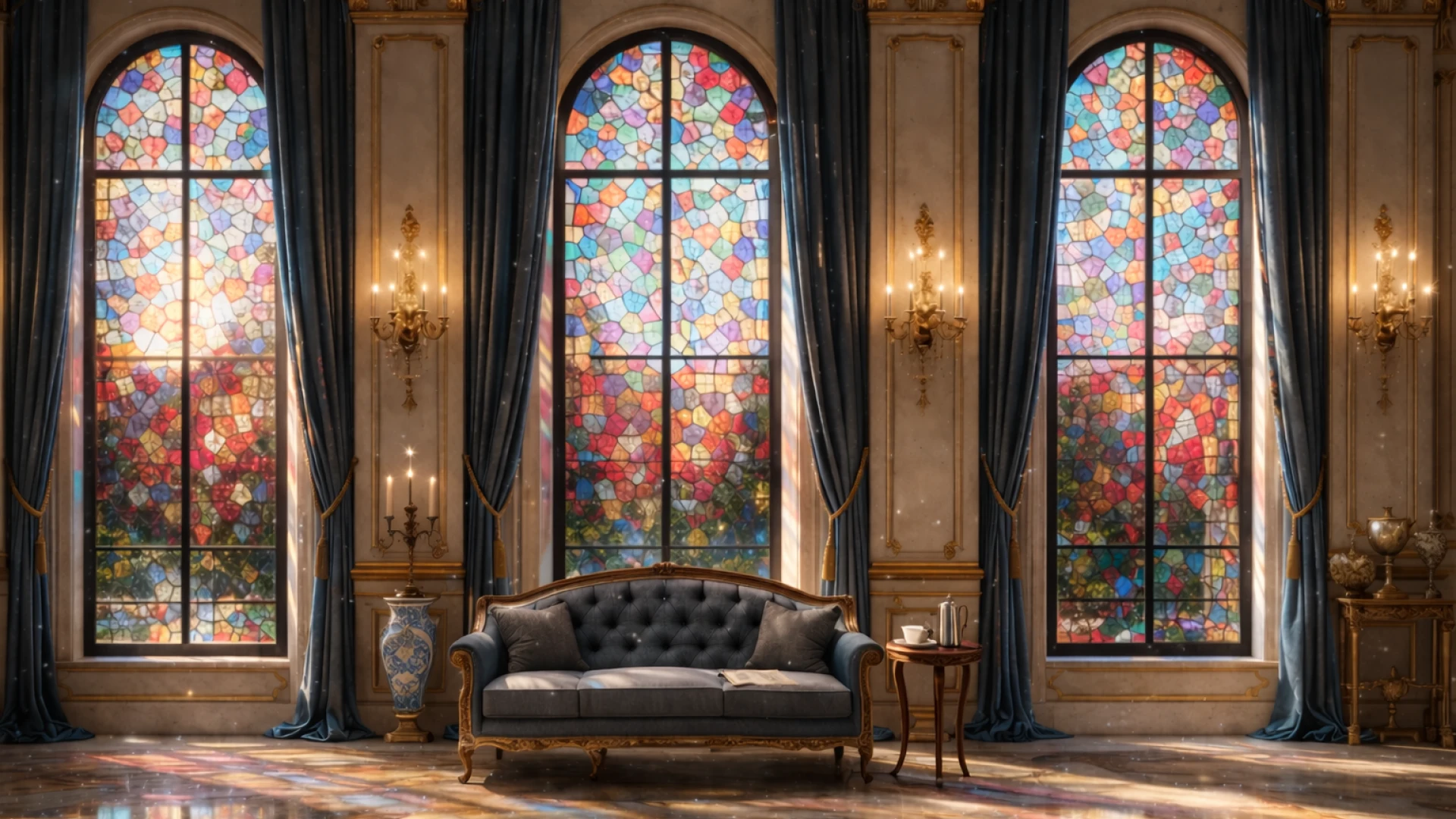 Photorealistic render of an arched stained glass window for a classic interior generated in a window configurator