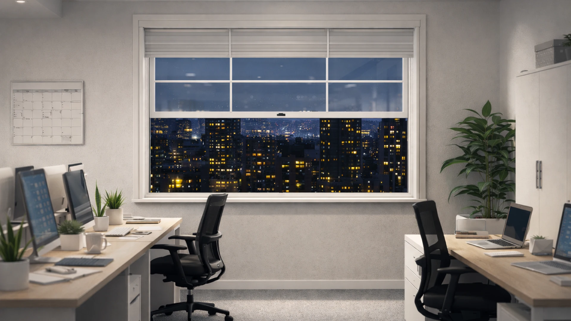 Photorealistic render of a panoramic office window with night city view for a 2D window configurator demo