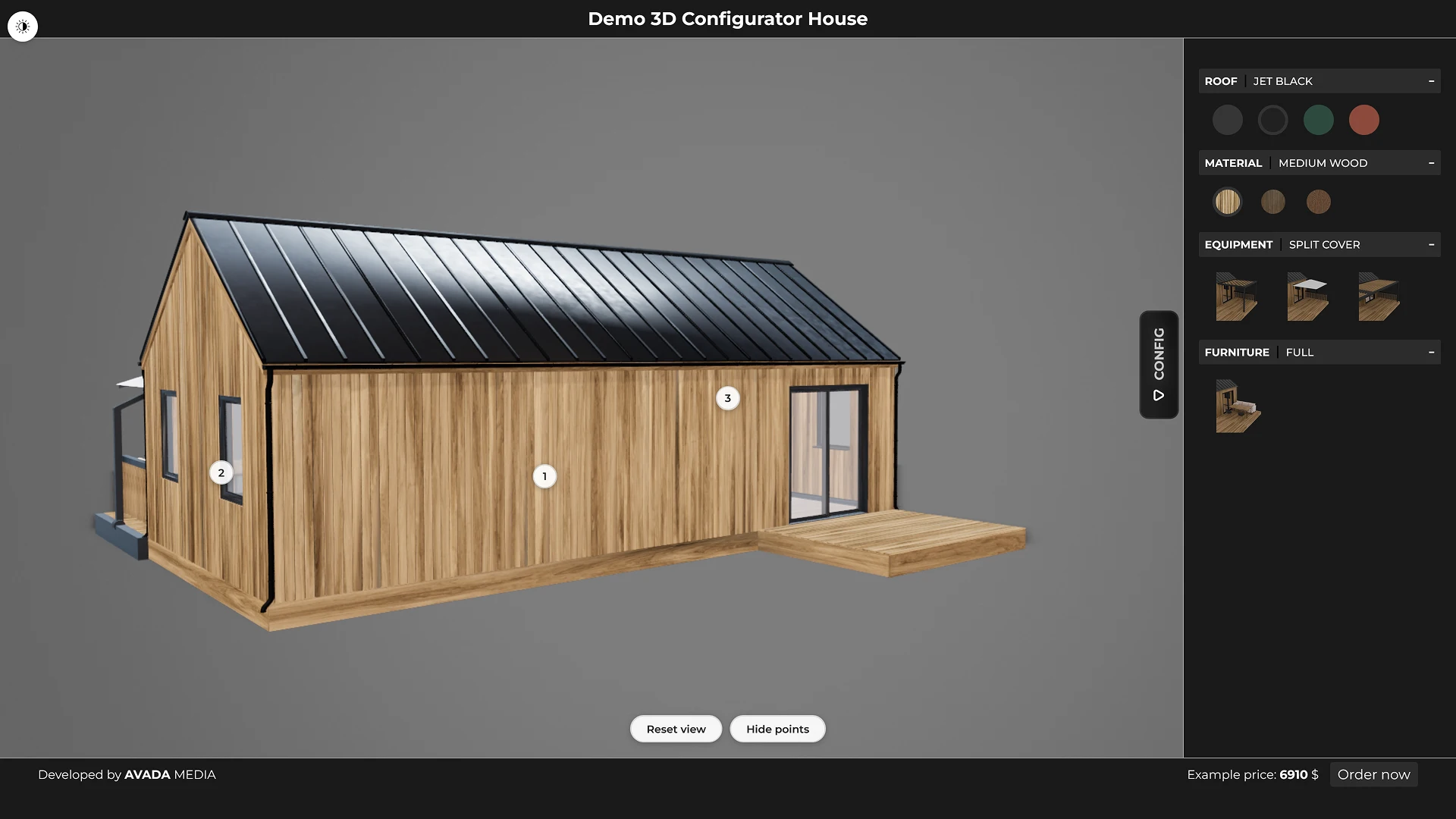 3D house configurator interface with layout and configuration options