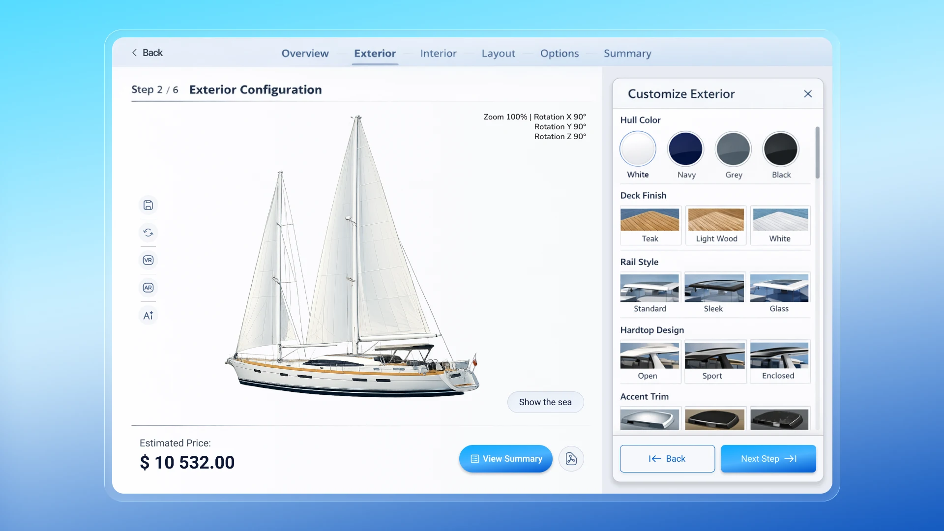 3D yacht configurator with an interactive vessel model and hull design customization