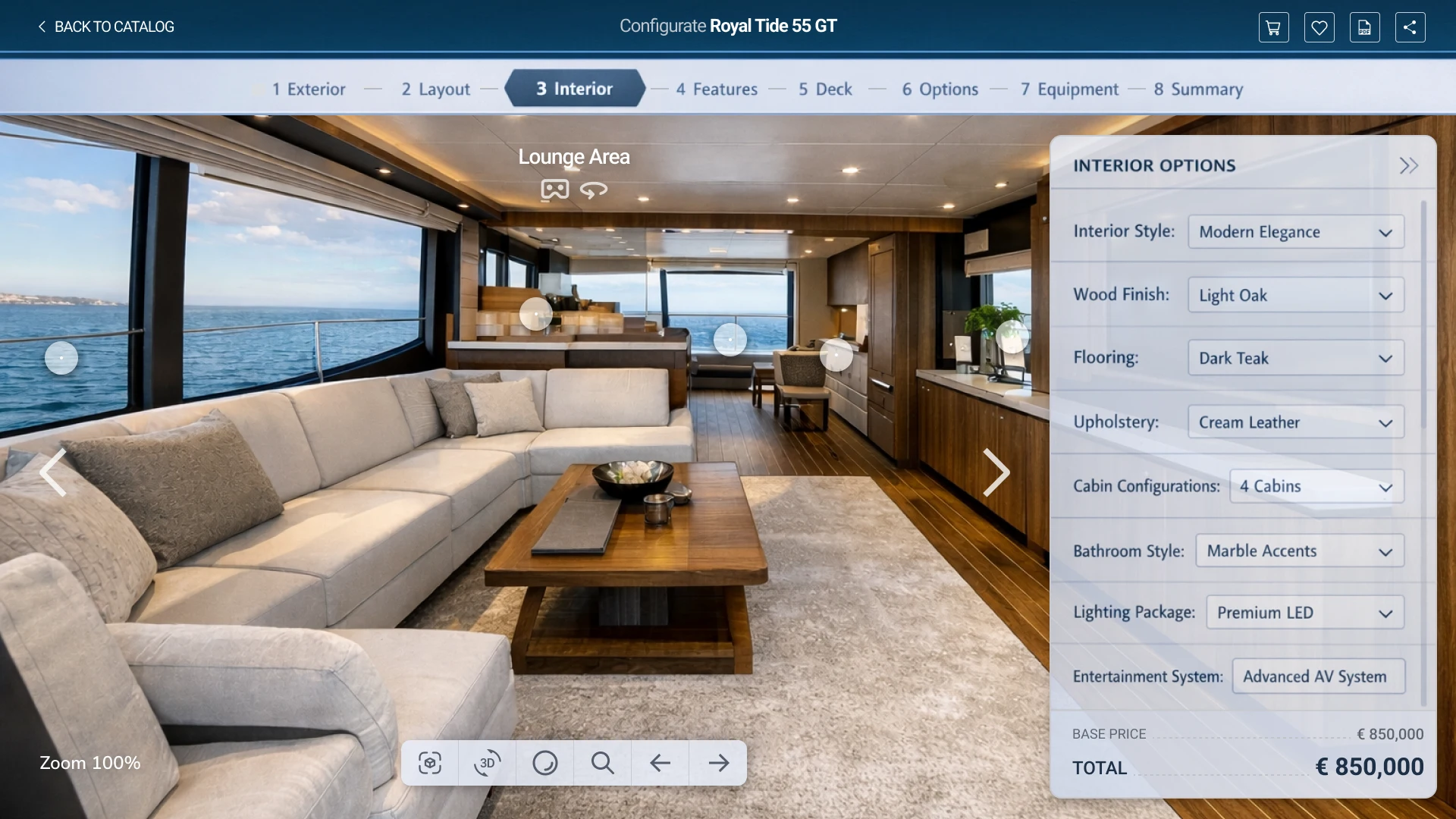 VR visualization of a yacht in the configurator`s virtual showroom