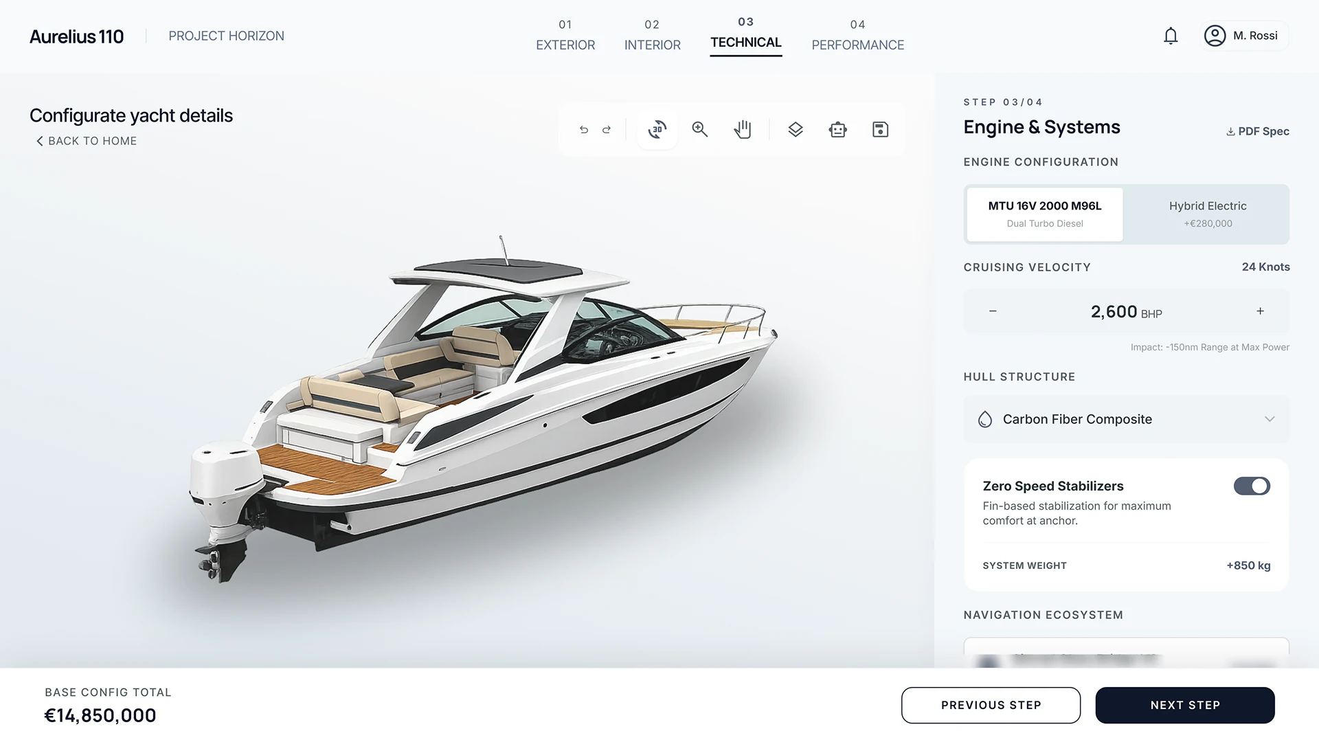 VR visualization of a yacht in the configurator`s virtual showroom