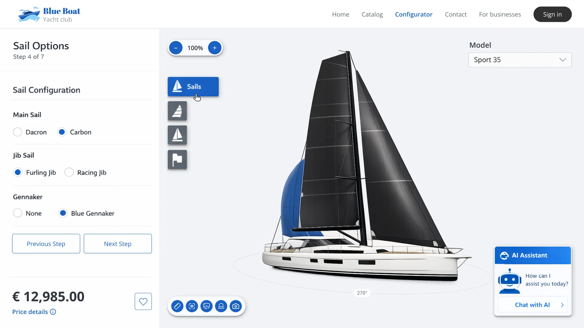 AI assistant in the yacht configurator for selecting the optimal configuration